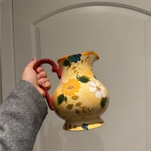 Vintage Floral Ceramic Pitcher with Red Handle